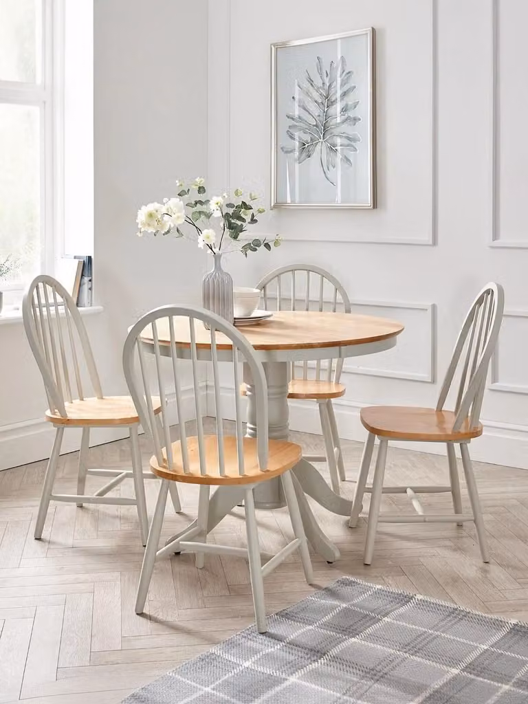 Kentucky Rubberwood Round Dining Table and 4 Chairs in Grey and Oak, W: 100 cm