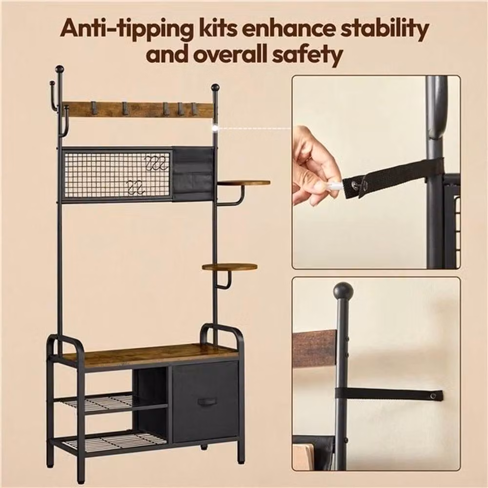 KORVIXA Industrial Hall Tree with Bench, Coat Rack and Shoe Rack in Brown and Black, H 90 cm x W 90 cm x D 90 cm – 3