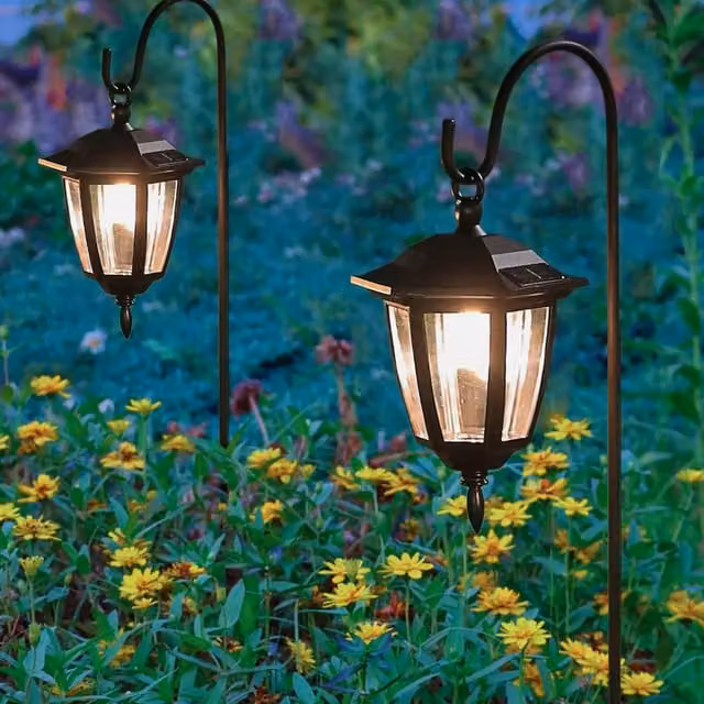 Garden Mile 2-Piece Solar Hanging Lantern Stake Set in Black with Warm White Light