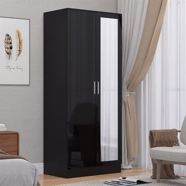 Reflect 2 Door Mirrored Wardrobe in Black Gloss and Black Oak, H 180 x W 76 x D 47 cm