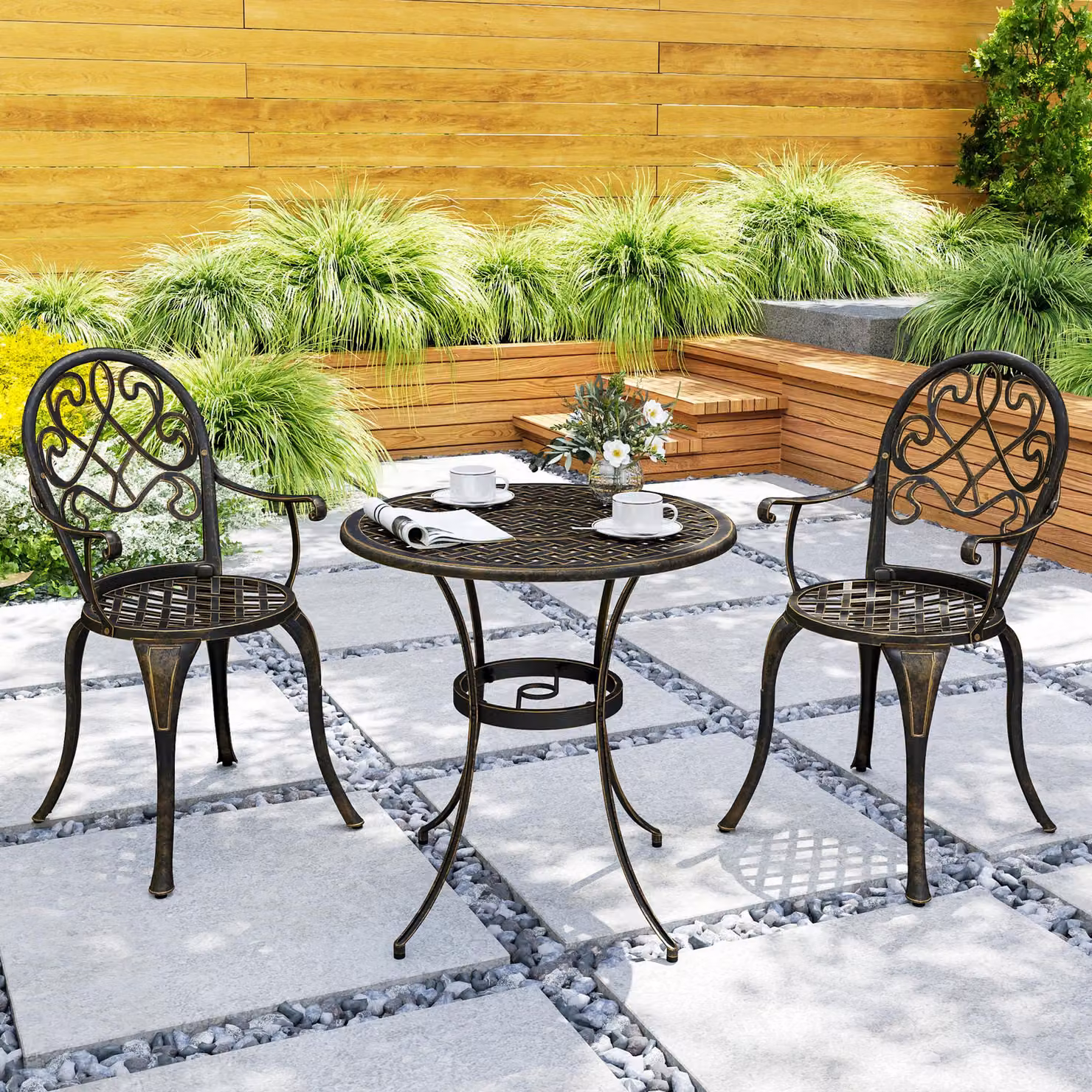 Outsunny 3 Piece Bronze Tone Powder Coated Aluminium Patio Bistro Set for 2 with Round Table and Chairs for Garden, Balcony or Terrace – 7