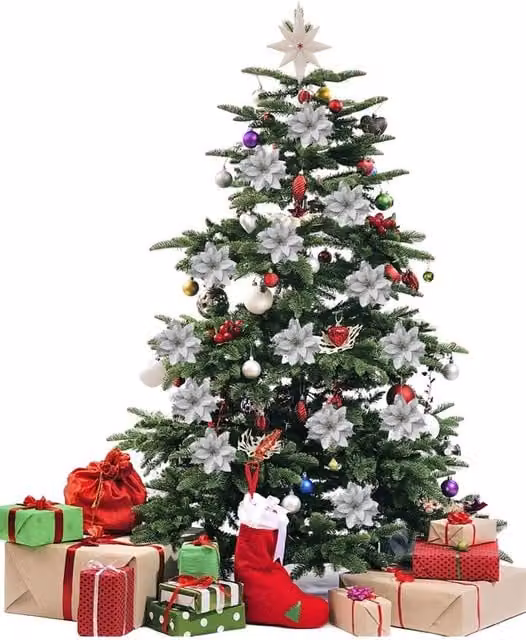 Living and Home 24-Piece Silver Glitter Flower Shape Christmas Hanging Ornaments – 1