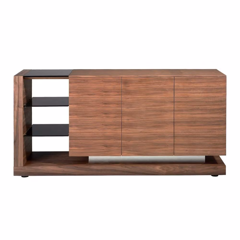 Angel Cerda Walnut Veneer Sideboard with Black Glass Top in Brown – 1