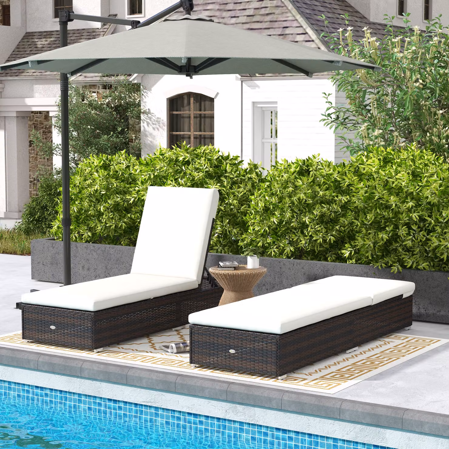 Outsunny Set of Two Brown Rattan Sun Loungers with Reclining Backs and Weatherproof Cushions – 2