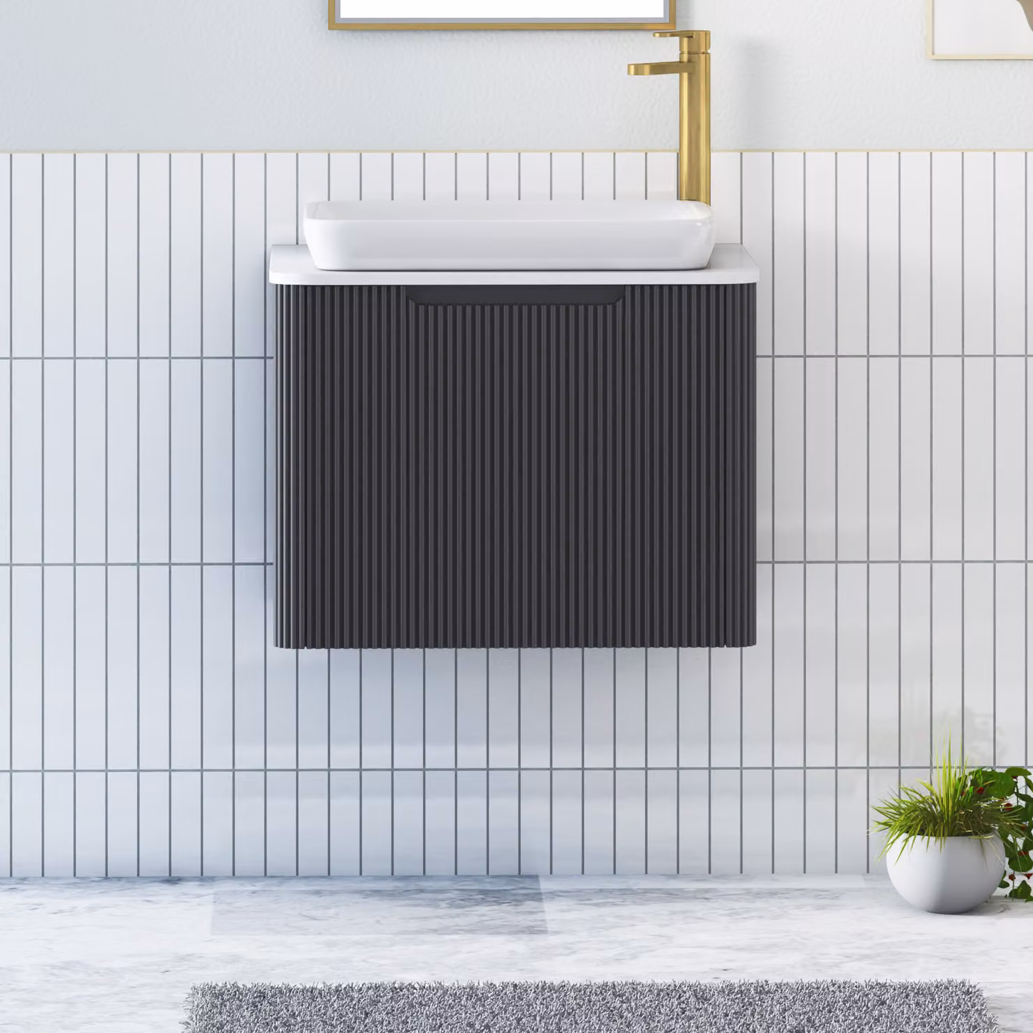 Royal Bathrooms Avenza Wall Hung Vanity Unit with Qubix Basin, Matt Obsidian Black and Plain White Worktop, Width: 60 cm