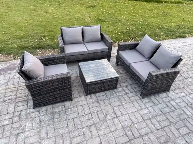 Fimous Modern Rattan Garden Furniture Set with Sofa, Coffee Table and Chairs in Dark Grey Mixed