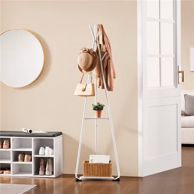 Yaheetech Industrial Freestanding Coat Rack with Shelves and Hooks in White