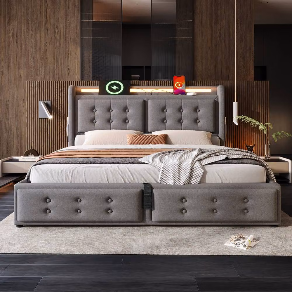 ModernLuxe Upholstered Double Bed with Ottoman Storage and LED Lighting in Grey – 7