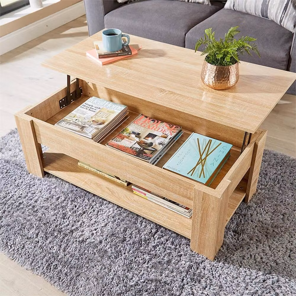 Nordara Khaki Lift Up Coffee Table with Storage Shelf in Brown, W/D: 100 x 100 cm – 1