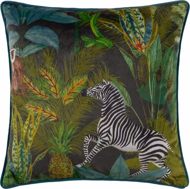 Aranya Zebra Piped Velvet Cushion in Jungle Green and Multicolour with Feather Filling