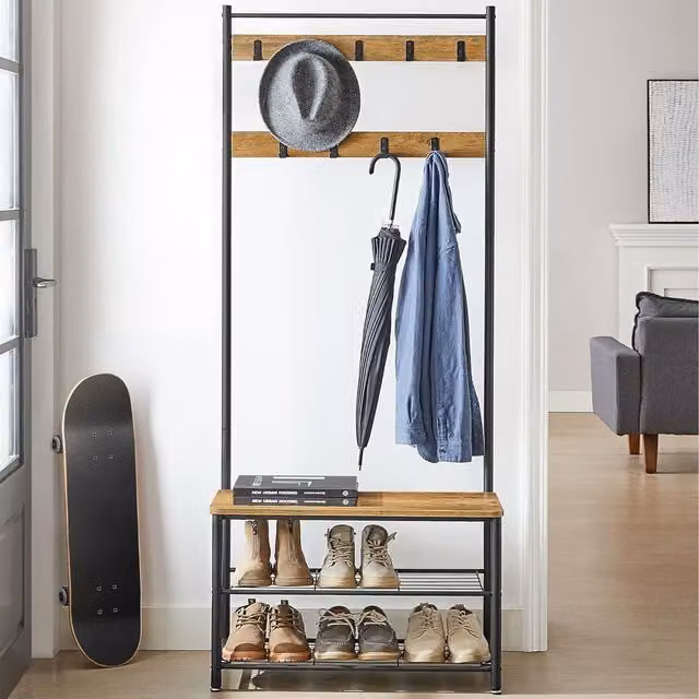 VASAGLE Industrial Hallway Coat Rack with Bench and Shoe Rack, Metal Frame, Brown – 1