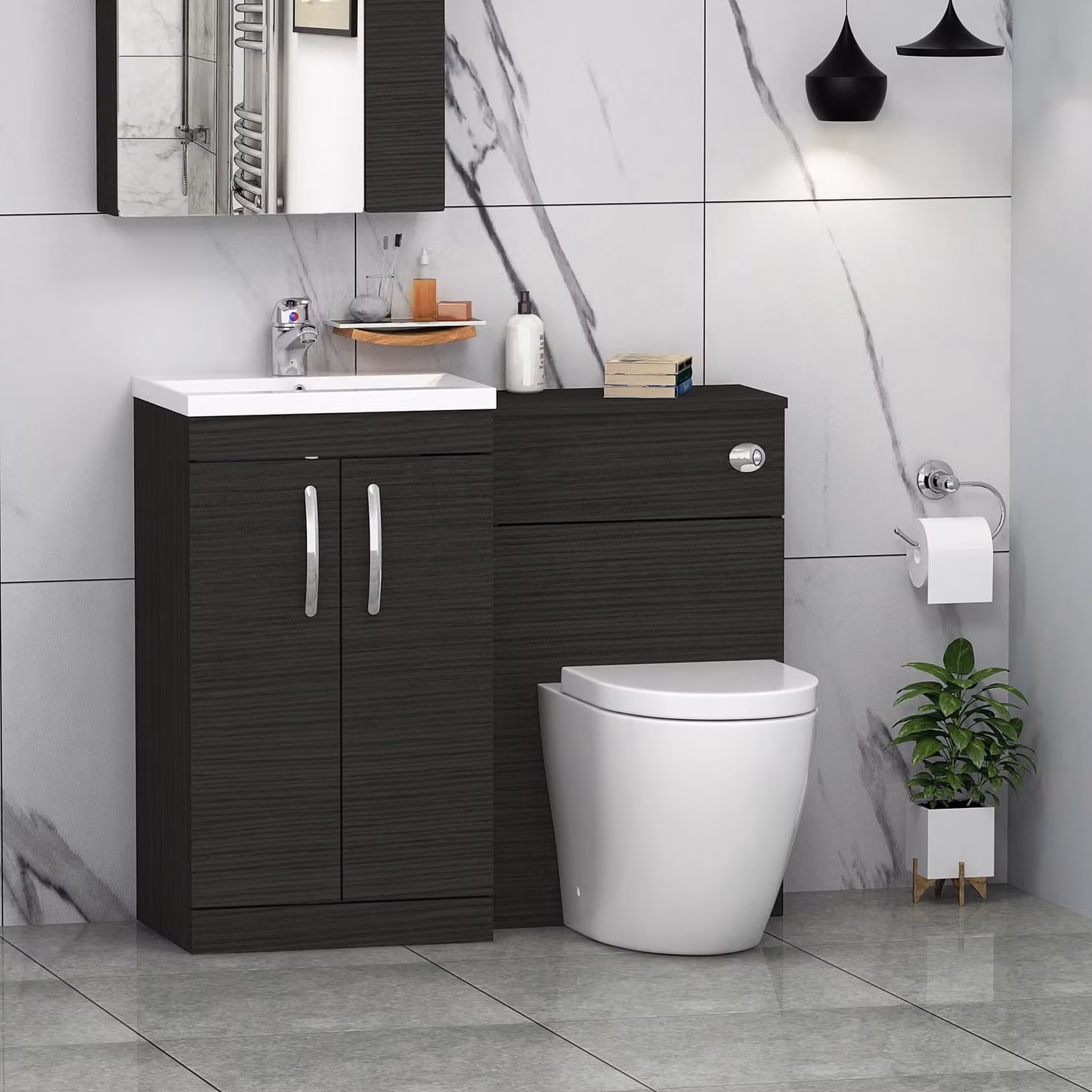 Royal Bathrooms Turin 2-Door Hale Black Mid-Edge Floor Standing Bathroom Furniture Pack with Elva Toilet