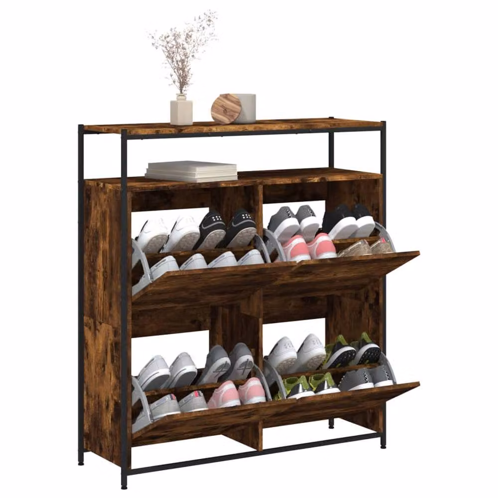 Berkfield Home Modern Shoe Cabinet with 4 Tilting Compartments in Smoked Oak Brown, W/D/H: 100 x 34 x 112 cm – 4