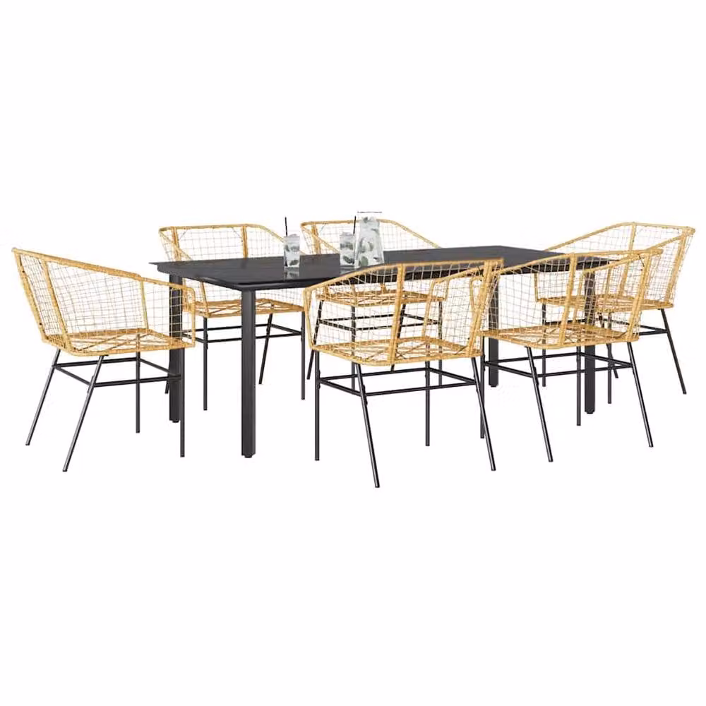 Berkfield Home Beautiful 7 Piece Brown Poly Rattan Garden Dining Set with Glass Top
