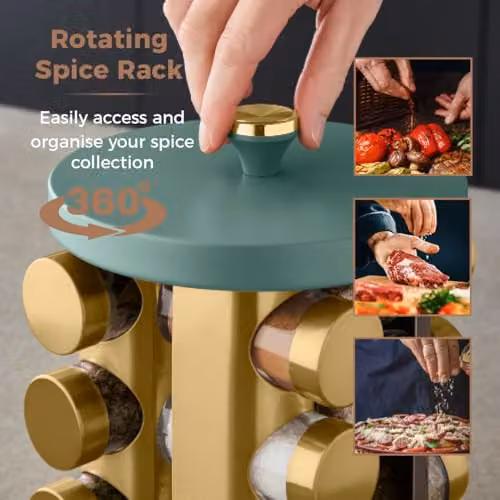 Tower Cavaletto 12 Jar Rotating Spice Rack with Pre-Filled Spices, Green and Gold, W/D/H: 19 x 19 x 25 cm – 3