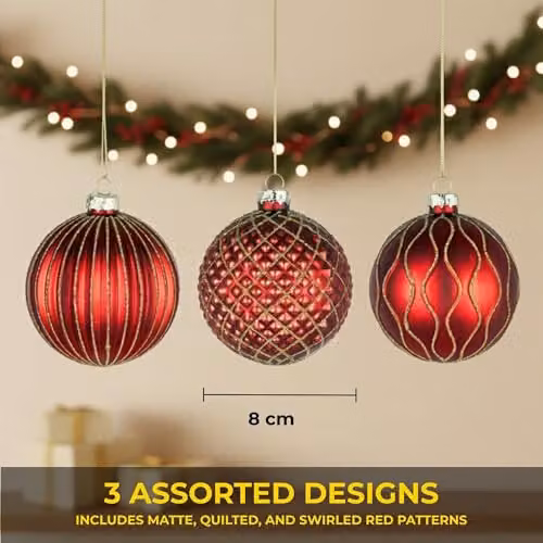 Shatchi Set of 12 Red and Gold Glass Baubles, 8 cm Round Hanging Christmas Ornaments – 5