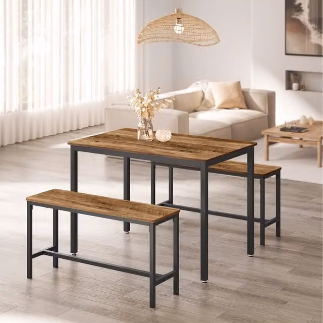 VASAGLE Industrial Dining Table and 2 Benches Set in Bronze and Brown