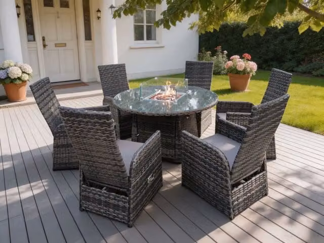 Fimous 6 Seater Rattan Outdoor Garden Furniture Set with Gas Fire Pit Dining Table and Chairs in Dark Grey, W/D/H: 120 x 120 x 72 cm
