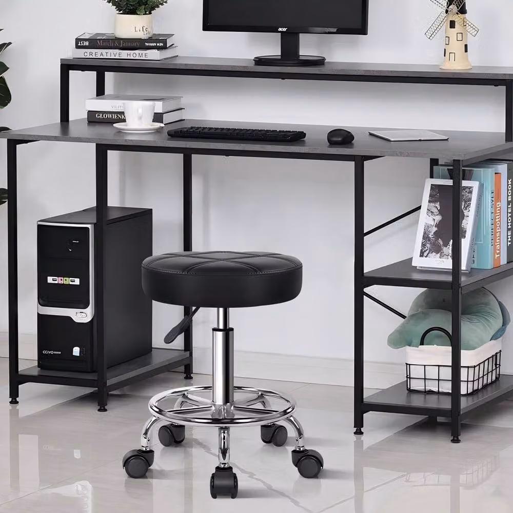 KKTONER Stylish Round Rolling Stool in Black PU Leather with Height Adjustment – 3