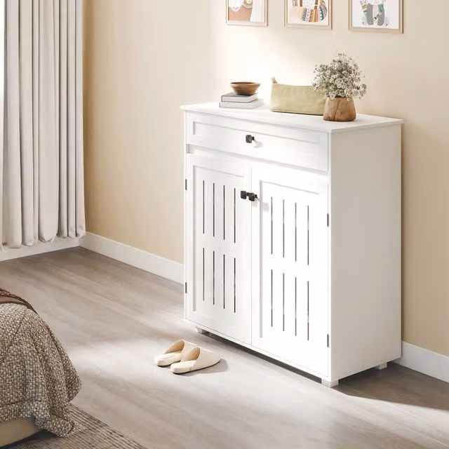 Levede Modern White Shoe Cabinet with Hinged Doors and Ventilation, W/D/H: 37 x 37 x 85.5 cm
