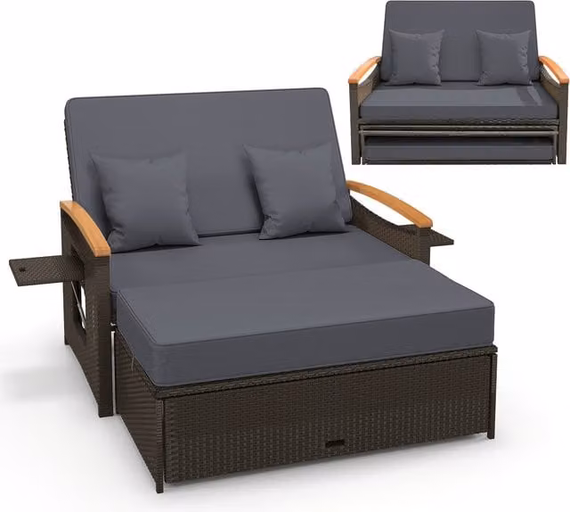 Costway Grey Polyrattan Outdoor 2 Seater Sofa and Ottoman Set with Upholstered Cushions