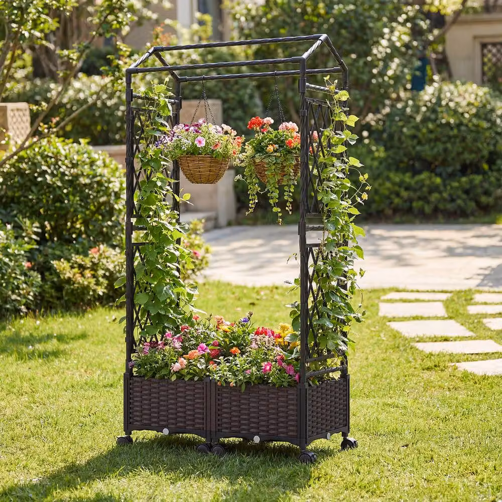 Costway Brown Self-Watering Raised Planter Boxes with Lattice Trellis and Roof for Vegetable and Herb Gardens, W: 147 cm, D: 40 cm, H: 20 cm – 5