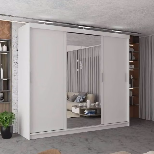MN Furniture Modern 3 Door Sliding Wardrobe with LED Lighting, Mirror and Internal Drawers, White, Width: 250 cm – 1