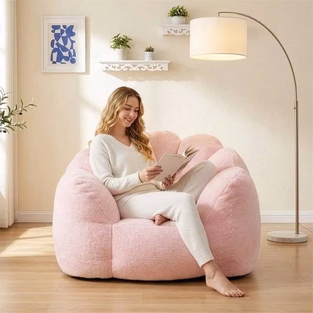 Nordara Pink Floral Faux Fur Bean Bag Chair with Shredded Memory Foam Filling, W/D/H: 110 x 105 x 67 cm – 1
