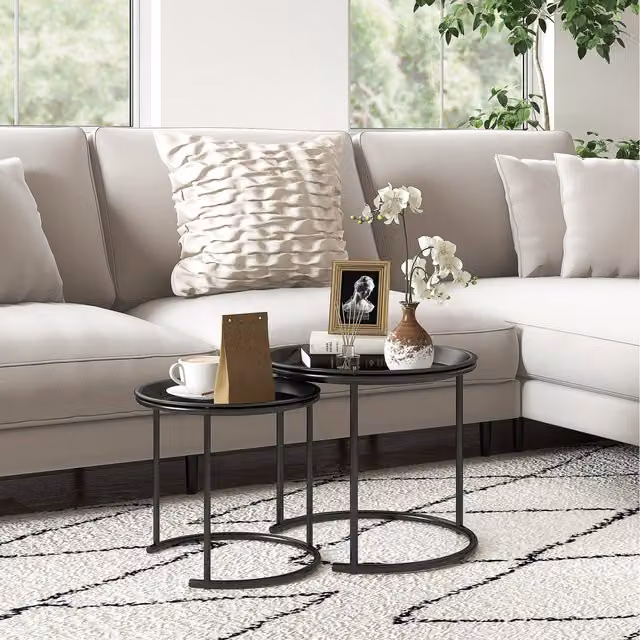 HOMCOM Set of 2 Modern Round Nesting Tables with Removable Tray, Black