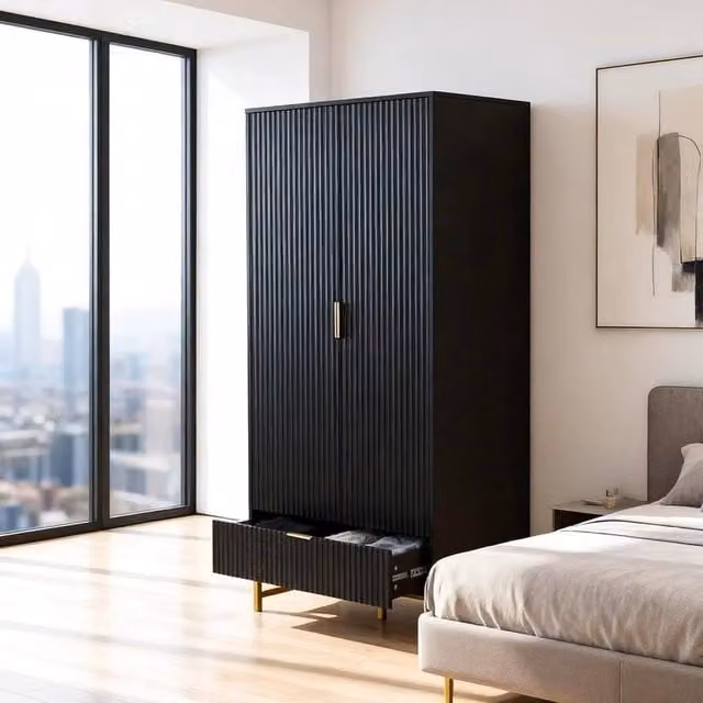 FURNITURE ONE Modern 2-Door Wardrobe Cabinet with Integrated Soft-Close Drawers in Matt Black and Gold – 1