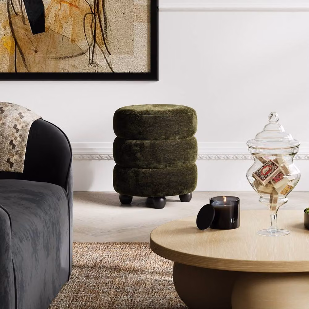 Lemon Pavilion Furniture Emi Pouffe in Olive and Black Velvet Chenille with Pine Wood Frame, W: 44 cm, D: 44 cm, H: 50 cm – 5