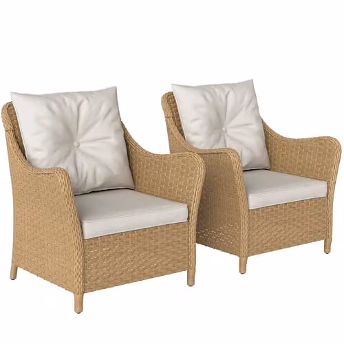 Outsunny Set of 2 Beige Rattan Garden Chairs with Cushions