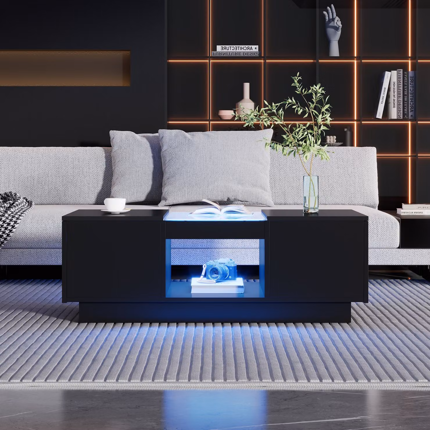 Aosom.UK Modern 2-Tier Coffee Table with App-Controlled LED Lights and 2 Drawers in Black, W: 100 cm, D: 50 cm, H: 35.5 cm – 8