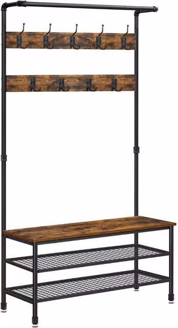 Kelvenix Industrial Hall Tree with Bench and Shoe Storage in Brown and White, H: 182.0 cm x W: 100.0 cm x D: 41.5 cm