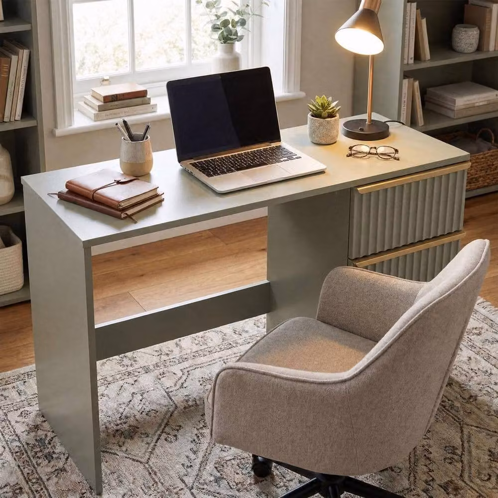 FWStyle Lania Green 3 Drawer Dressing Table and Study Desk with Scallop Design and Gold Accents – 3