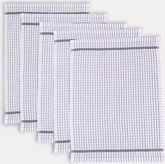 M&S Set of 5 Highly Absorbent Checked Terry Tea Towels in Grey with Hanging Loops
