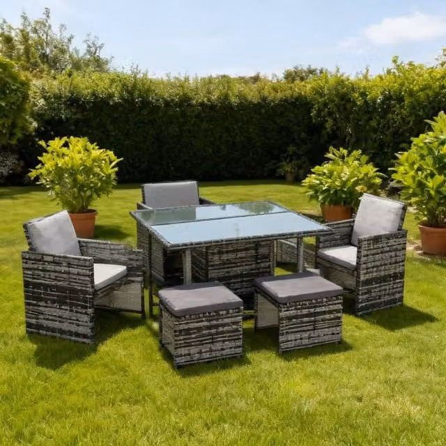ERGOVEXA 9 Piece Grey Rattan Cube Garden Furniture Dining Set with Armchairs and Glass Top Table