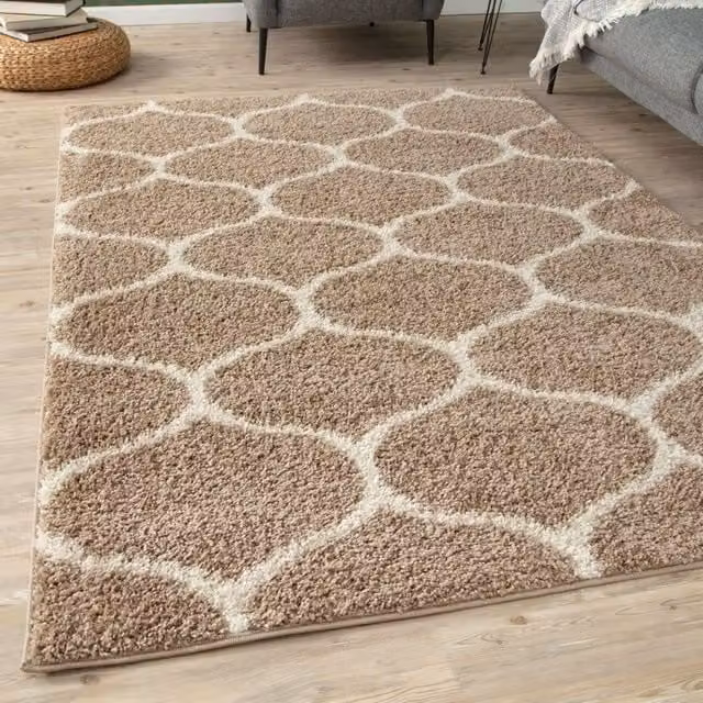THE RUGS Moroccan Soft High Pile Shaggy Trellis Rug, Beige, W: 120 cm, L: 170 cm