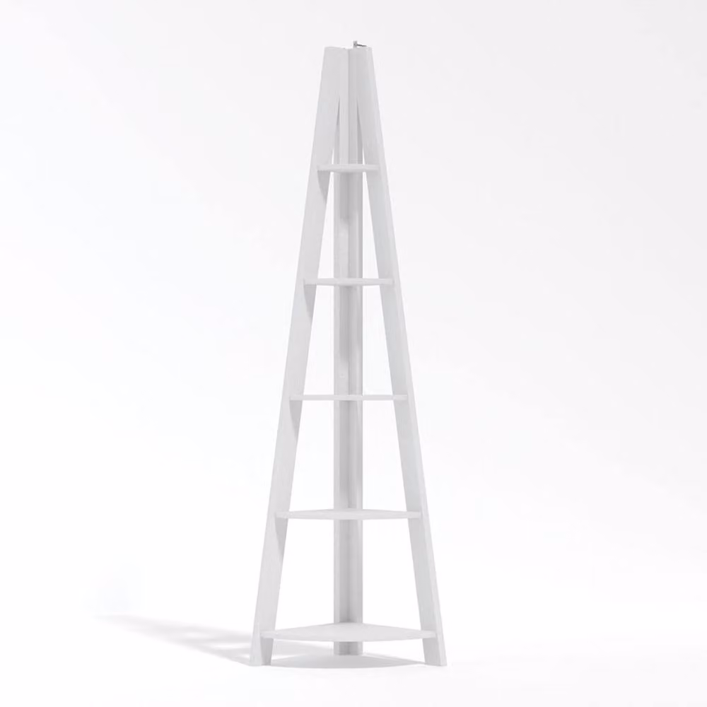 Wyld Haus Athy White Wooden Corner Ladder Shelving Unit with 5 Shelves, H 175.4 x W 38.6 x D 38.6 cm – 2