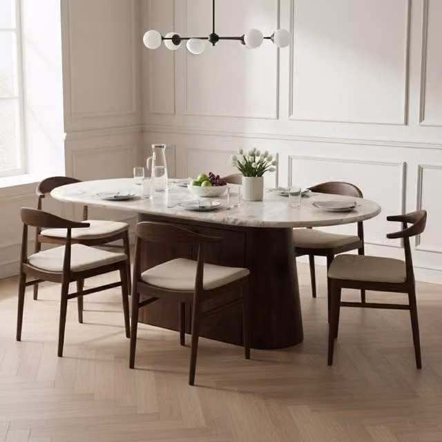 IH Design Ajmer Natural Marble Oval Dining Table with Storage, Tan, W: 170 cm