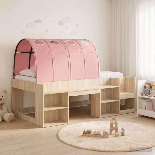 Berkfield Home 3-Piece Childrens Bed Frame with Tunnel and Side Compartments in Sonoma Oak and Pink Engineered Wood – 1