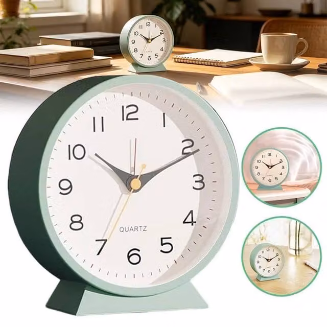 PAWNORA Modern Round Analog Silent Tabletop Alarm Clock in Green