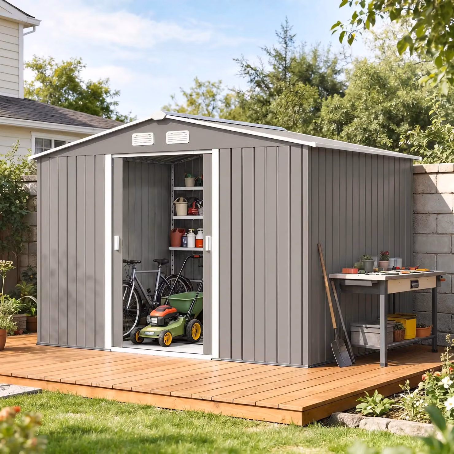 Outsunny Grey Metal Garden Storage Shed with Double Doors and Side Vent – 3