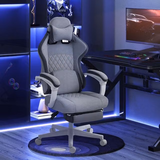 HOMCOM Grey and Gold Geometric Printed Velvet Gaming and Computer Recliner Chair with Adjustable Height and Headrest – 1