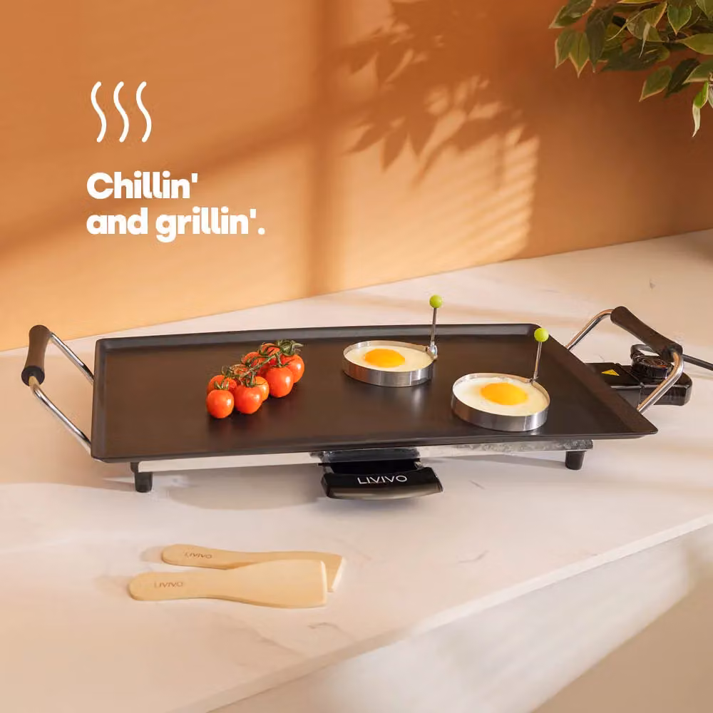 LIVIVO 1800W Electric Teppanyaki Grill with Non-Stick Smooth Plate and Adjustable Thermostat, Black, W: 45 cm, D: 45 cm, H: 13.2 cm – 2