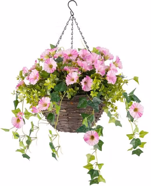 Christow Pink Artificial Petunia Wicker Hanging Basket with UV Resistant Foliage, Diameter: 30 cm – 1
