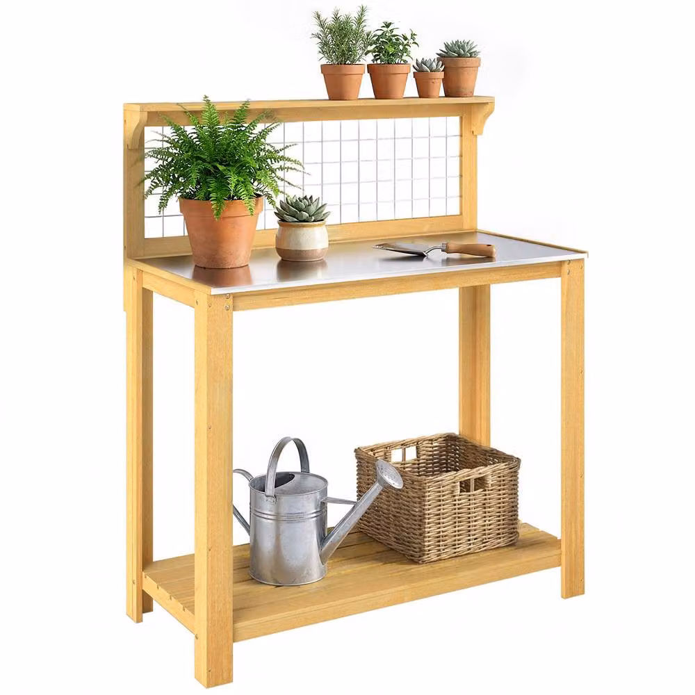 Outsunny Wooden Potting Bench Table with Aluminium Worktop and 2 Shelves, Yellow, W: 100 cm, D: 48 cm, H: 119 cm – 2