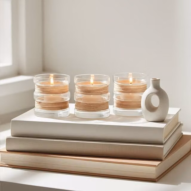 Orsina Set of 3 Round Glass and Rattan Tealight Holders in Beige, Brown and Transparent – 1