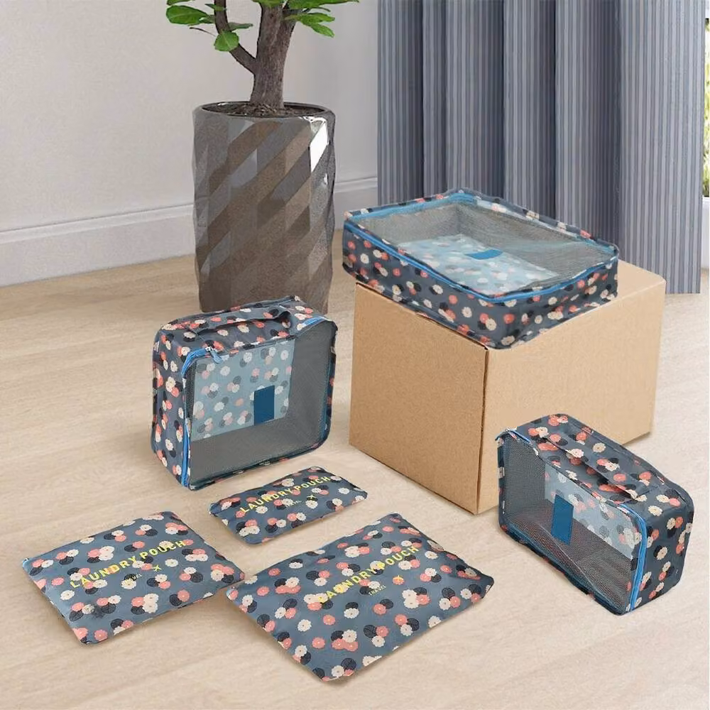 NESTLUNE Blue Flower 6-Piece Mesh Fabric Luggage Organiser Packing Cubes in Grey – 2