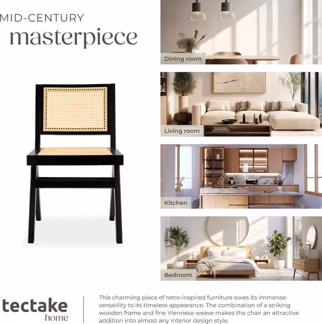 TECTAKE Mid-Century Dining Chair with Rattan Backrest and Solid Wood Frame, Black, Height: 83 cm